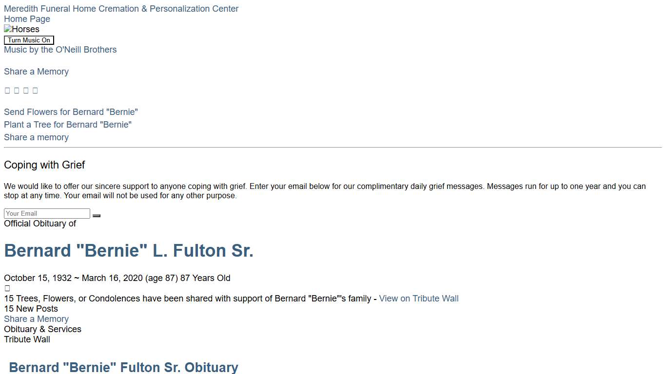 Obituary for Bernard "Bernie" L. Fulton Sr. | Meredith Funeral Home Cremation & Personalization Center